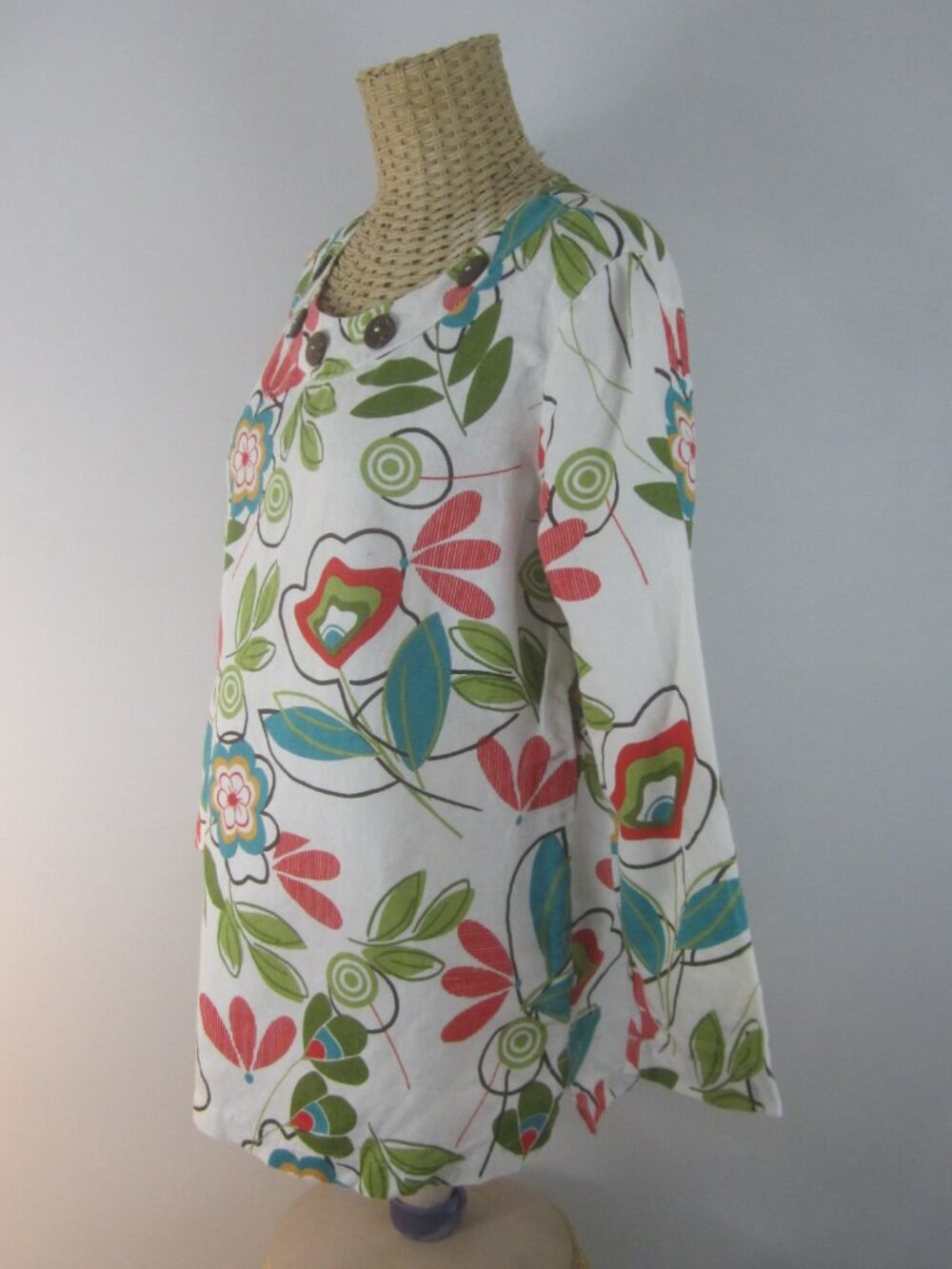 Hot Cotton Women M Multicolor Floral Print 3/4 Sleeve Linen Cotton Tunic Top - Picture 3 of 8
